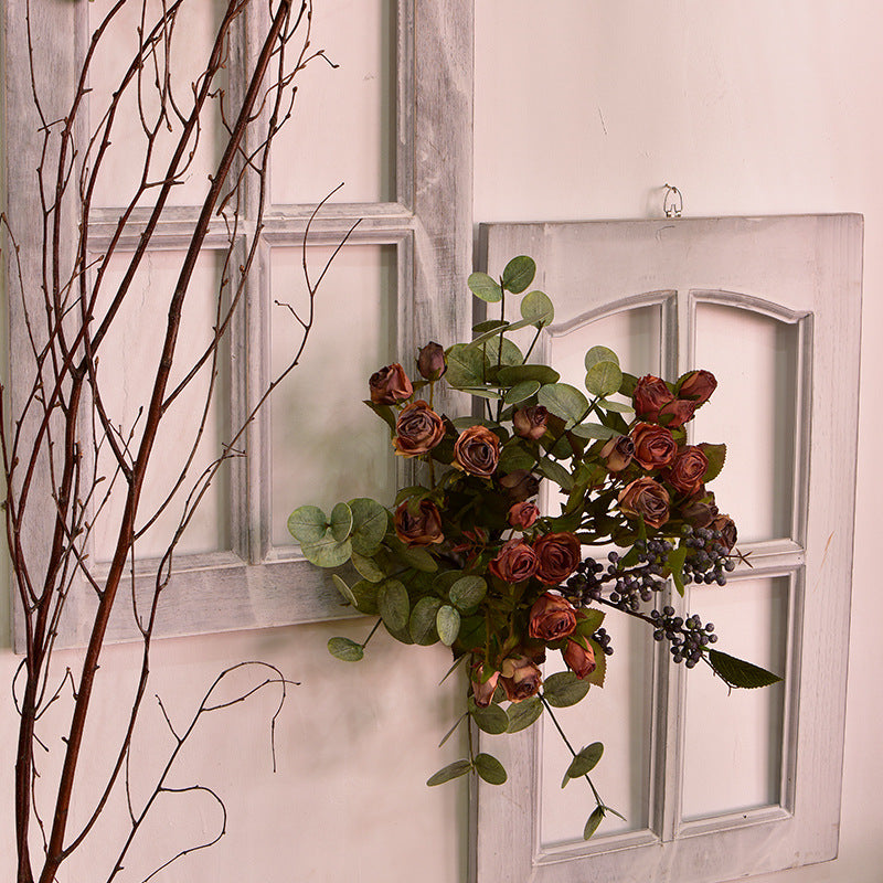 Artificial 5-Head Vintage Burnt-Edge Rose – Handmade Silk Flower