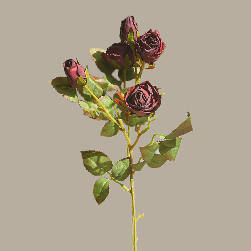 Artificial 5-Head Vintage Burnt-Edge Rose – Handmade Silk Flower