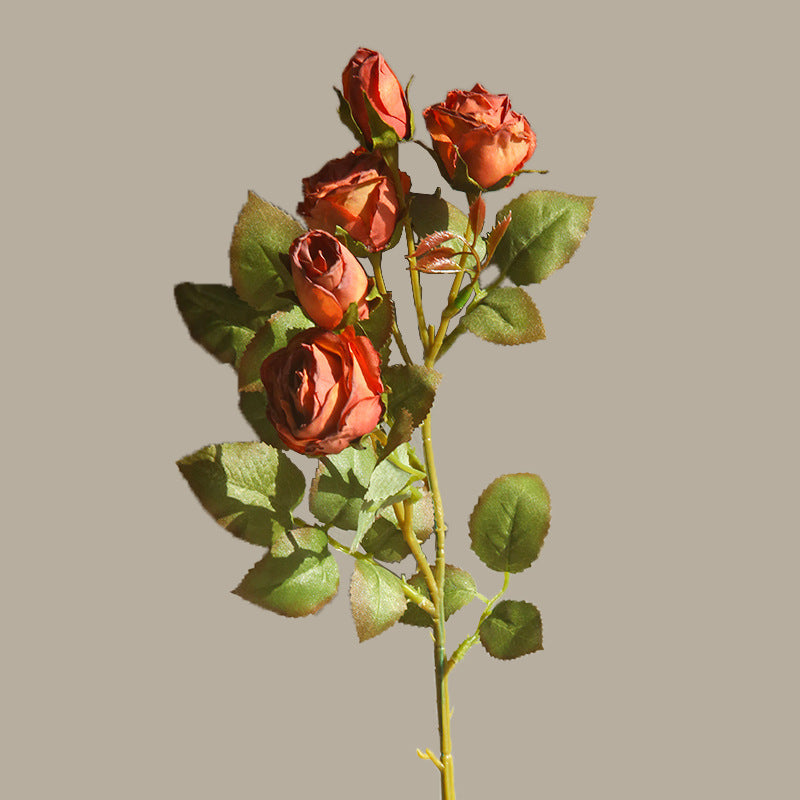 Artificial 5-Head Vintage Burnt-Edge Rose – Handmade Silk Flower