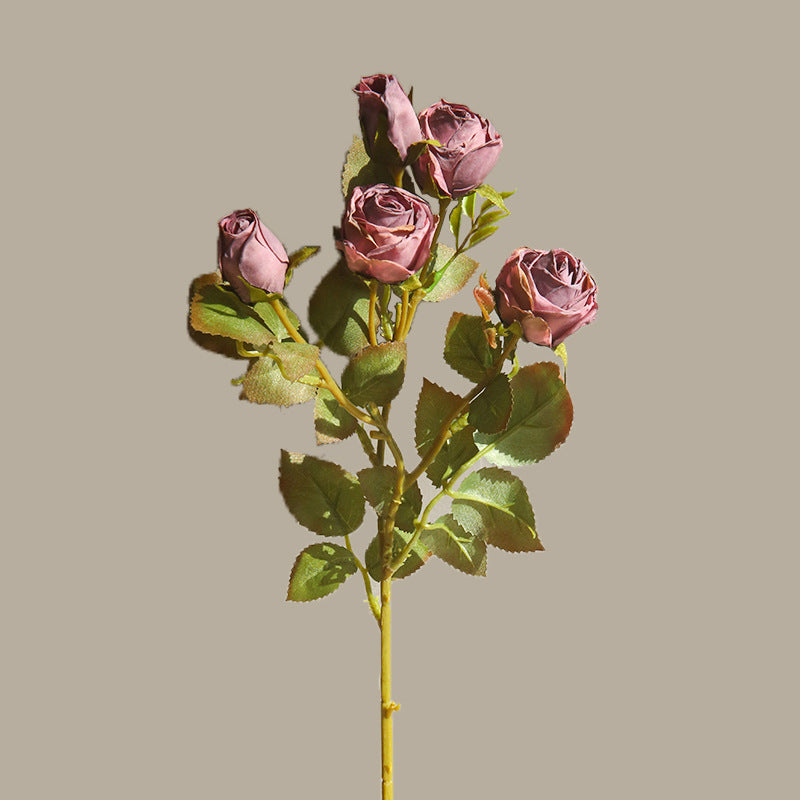 Artificial 5-Head Vintage Burnt-Edge Rose – Handmade Silk Flower