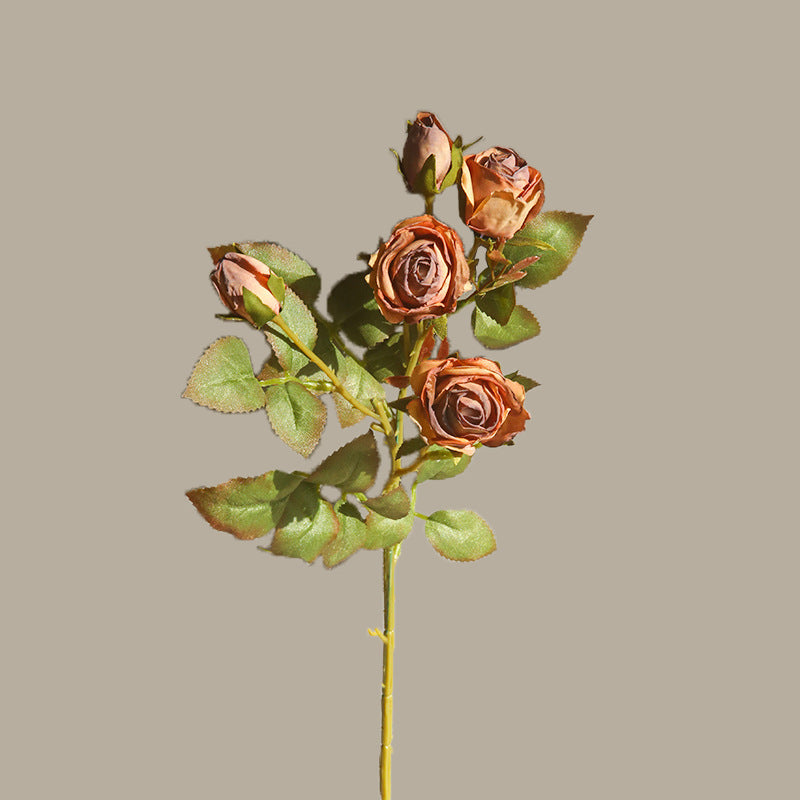 Artificial 5-Head Vintage Burnt-Edge Rose – Handmade Silk Flower