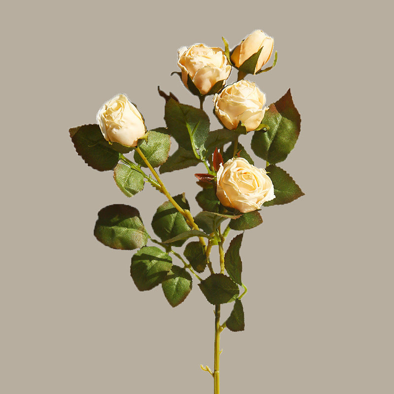 Artificial 5-Head Vintage Burnt-Edge Rose – Handmade Silk Flower