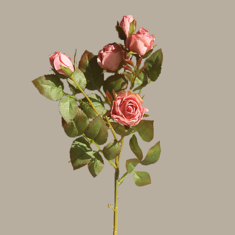 Artificial 5-Head Vintage Burnt-Edge Rose – Handmade Silk Flower