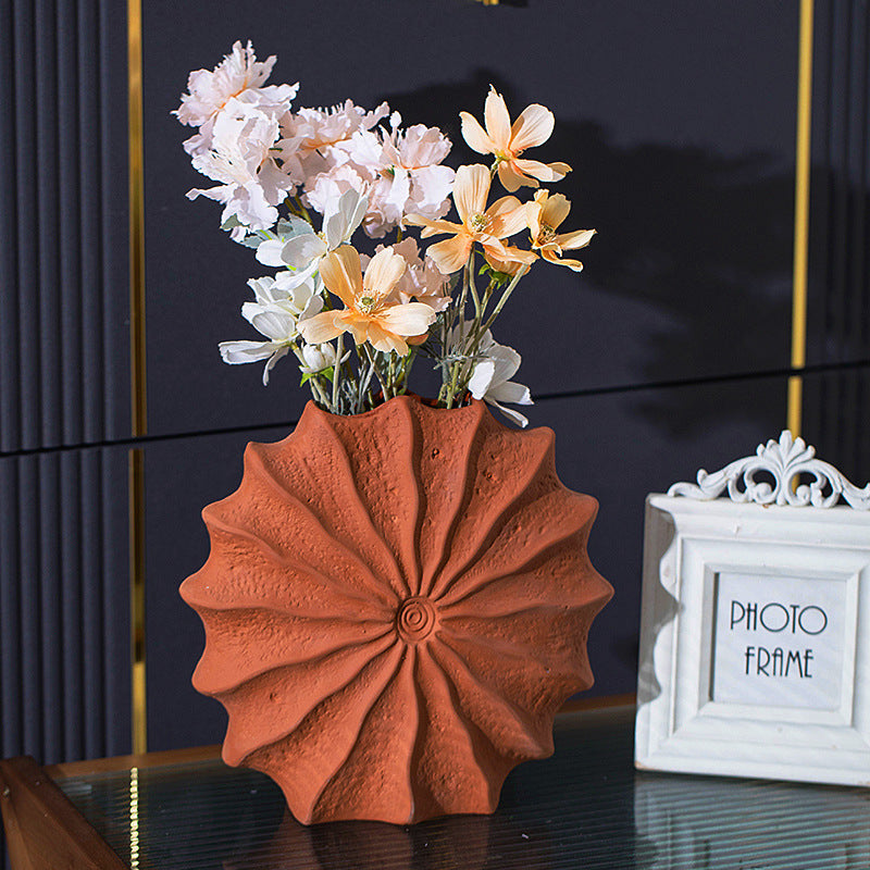Red Terracotta Seashell Ceramic Vase – Handmade Modern Minimalist