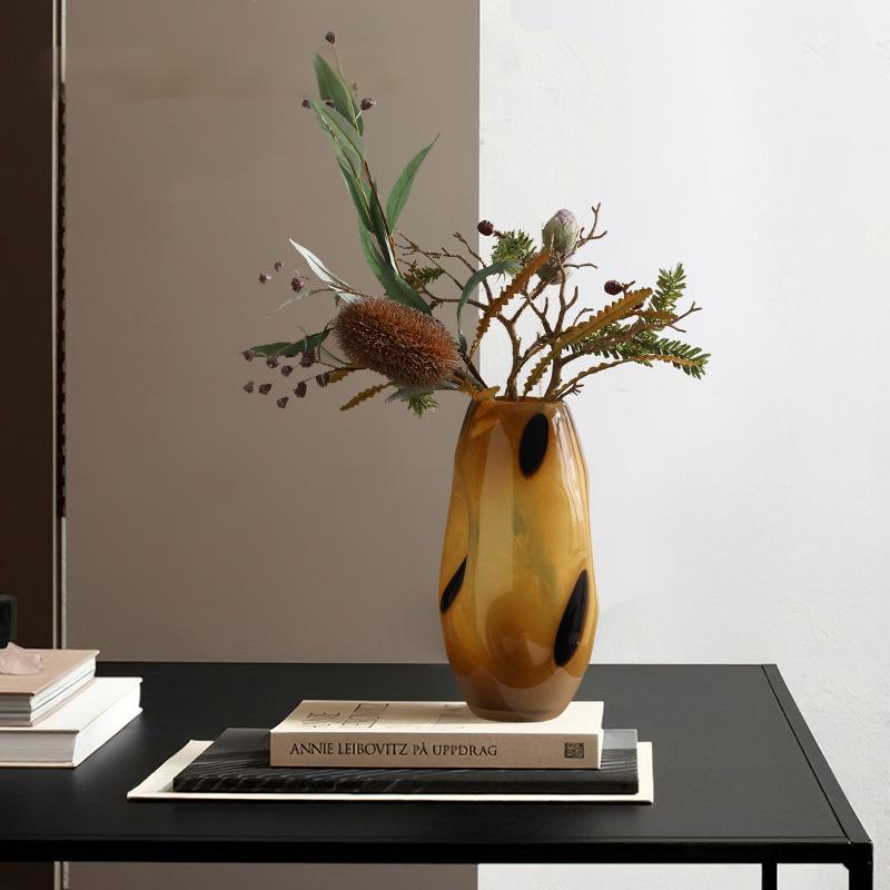 Vintage Brown-Black Polka Dot Oval Glass Vase – Handcrafted Art Décor