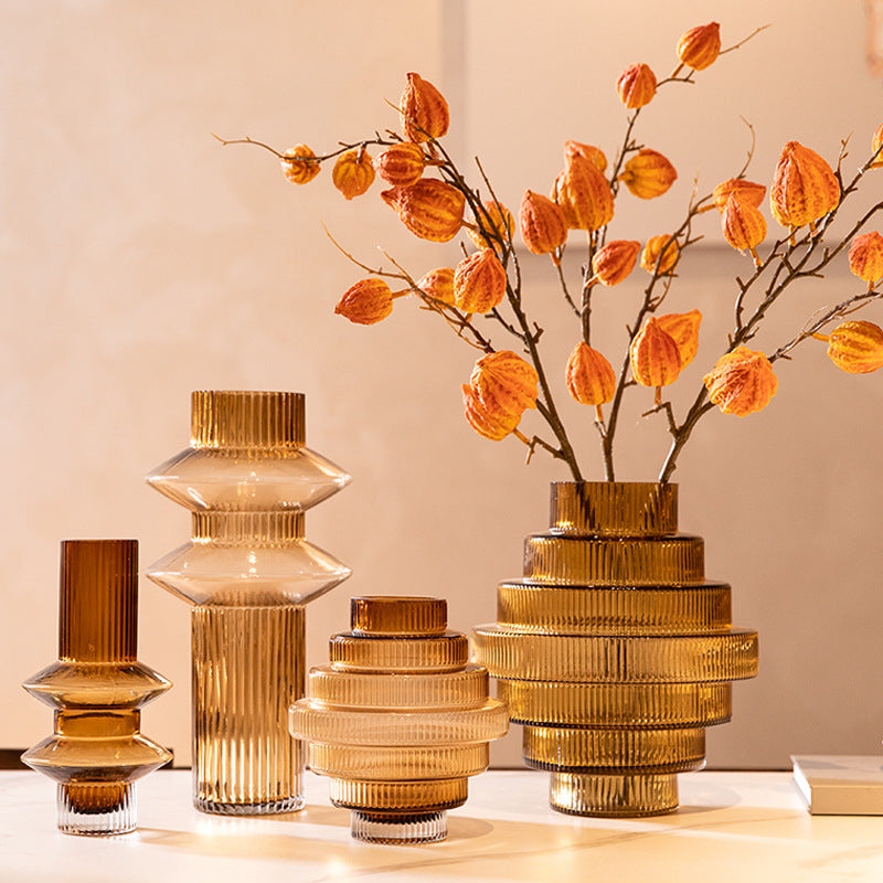 Geometric Amber Glass Vase – Modern Minimalist Design