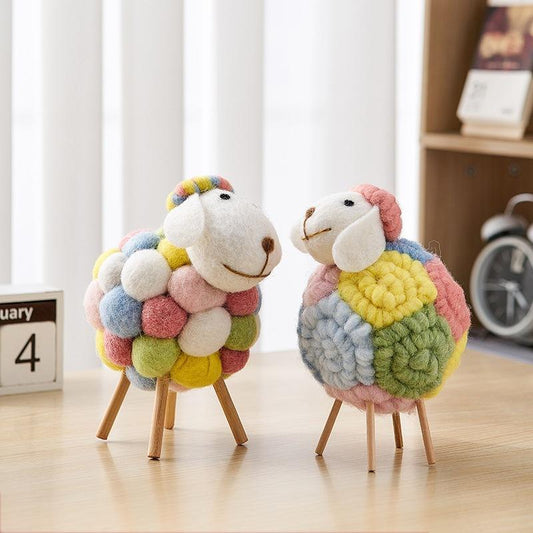 Colorful Candy Sheep Decor Figurine – Handmade Felt & Wood Gift Ornament