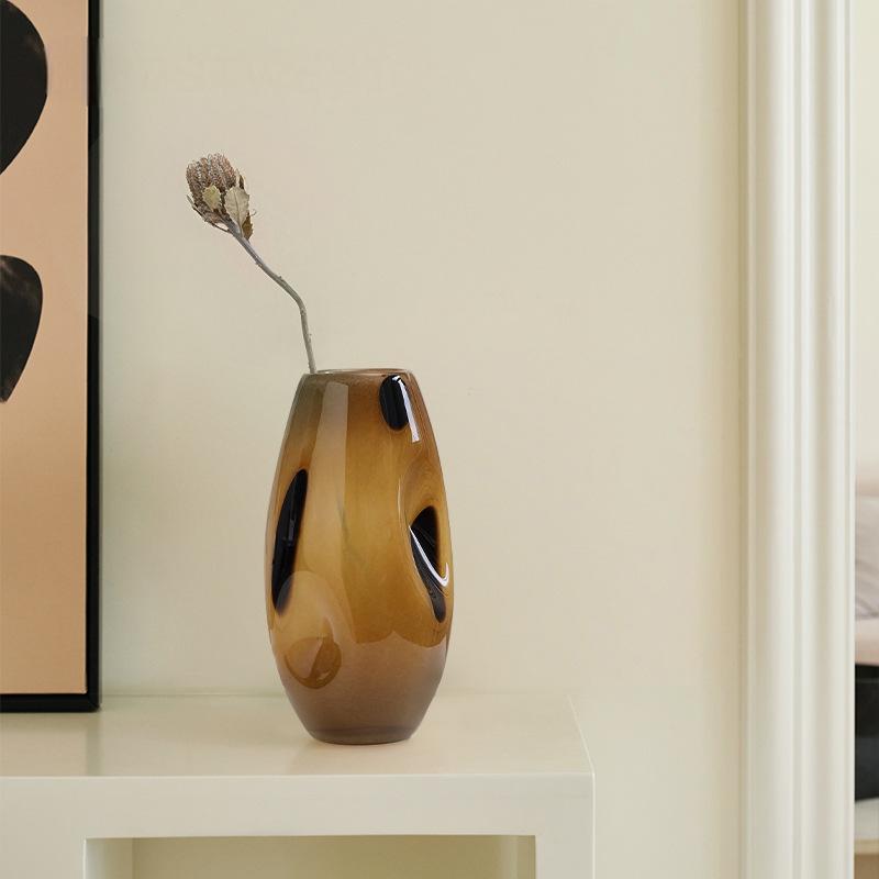 Vintage Brown-Black Polka Dot Oval Glass Vase – Handcrafted Art Décor